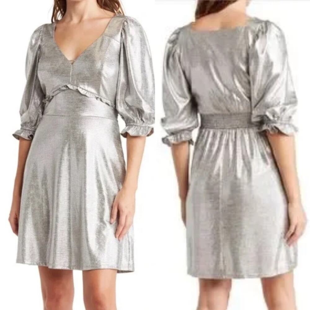 COLLECTIVE CONCEPTS • Silver Metallic Shine 3/4 Sleeve Cocktail Dress